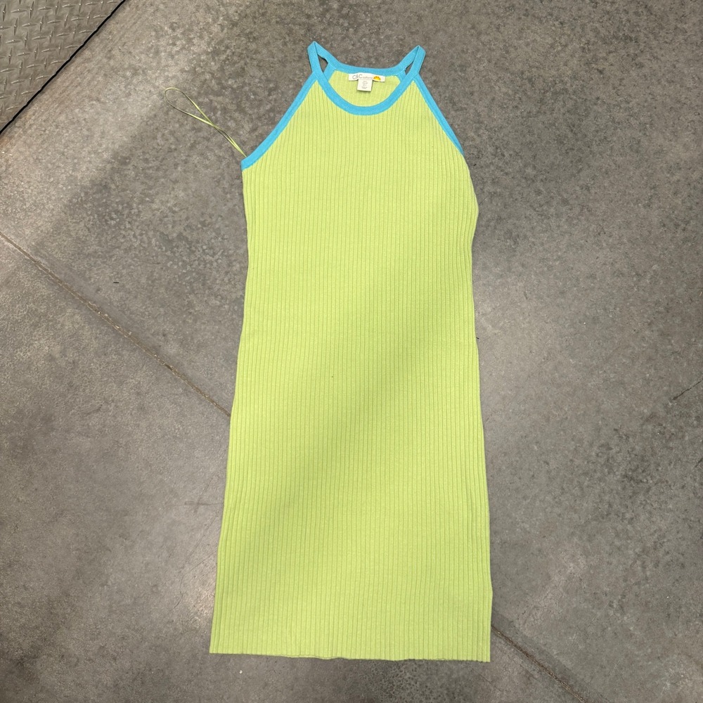 C&C California Ribbed Knit Halter Mini Dress Lime Green Blue Trim Womens Large